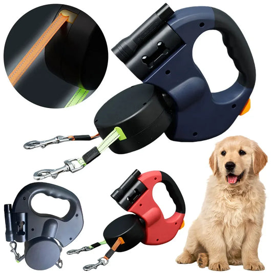 Double Headed Dog Leash Dual Pet Leash 360 Degree Swivel Retractable Dog Leash with LED Light for Small Medium Dogs